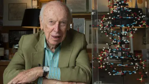 James Waston in his office, which has lots of pictures on the wall behind him, leans on a desk with the DNA structure next to him, as a sort of statue.