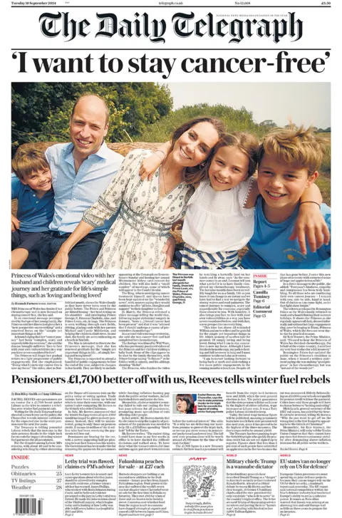 Daily Telegraph front page featuring the headline "I want to stay cancer-free"