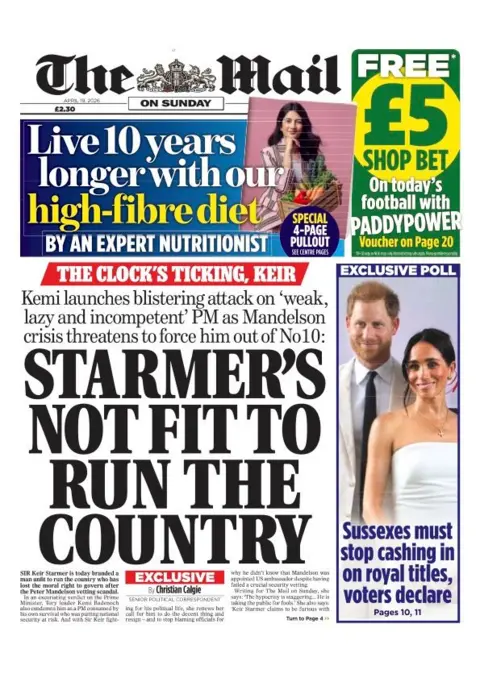 The headline on the front page of the Mail on Sunday reads: "Starmer's not fit to run the country."