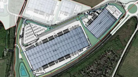 IM Properties Plan of site, showing large grey rectangle with smaller grey rectangle to the right (warehouses) with a roundabout beyond. A new road to the North is shown, with smaller industrial units beyond.