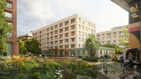 5plus Architects/blocwork/Platform 4 A CGI showing part of the development. Apartment buildings have been built throughout the area, while green plants have been planted alongside pavements.