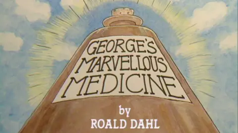 A drawing of a large, brown bottle with "George's Marvellous Medicine" written on the front. There is a blue sky and clouds as the backdrop. The words "by Roald Dahl" are at the bottom.