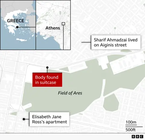 A map showing the locations of Elisabeth Jane Ross's apartment in Athens, the place where her body was found and the street where Sharif Ahmadzai lived
