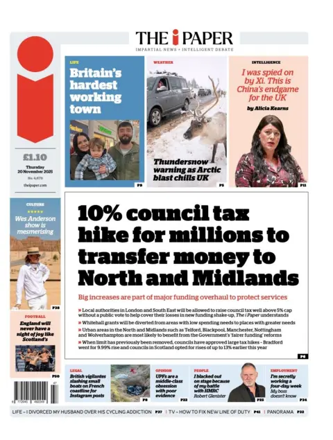 The headline on the front page of the i Paper reads: “10% council tex hike for millions to transfer money to North and Midlands”.