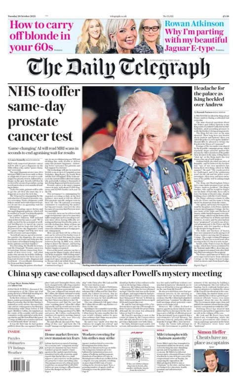 "NHS to offer same day prostate cancer test" reads the headline on the front page of The Daily Telegraph.