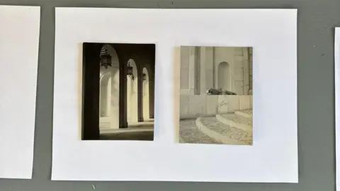 Absolutely Nice Vintage Two black and white photographs side by side. The one on the left depicts arches and on the right a man is lying on a white wall in the foetal position.