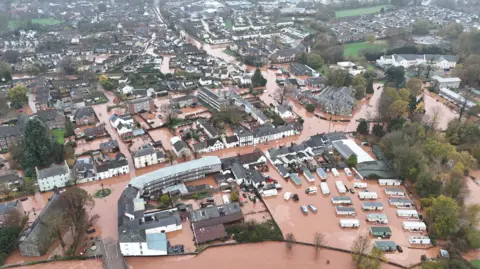 An aerial view of the flooded town of Monmouth in south Wales