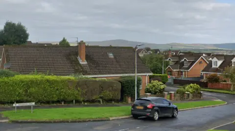 A residential area with brown houses with black roofs. There is a footpath with grass on one side and a hedge on the other. A black car is parked along the road as well. There is a white road sign with the name of the park written on it.
