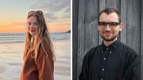 Elle Gorman/George Cooper Elle Gorman, a teenager with blonde hair standing on a beach, and George Cooper, a young man standing in front of a grey wooden background.