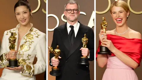 A composite image of EJAE, Paul Thomas Anderson and Jessie Buckley