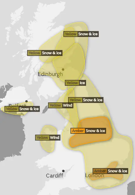 Met Office Weather warnings map for Saturday