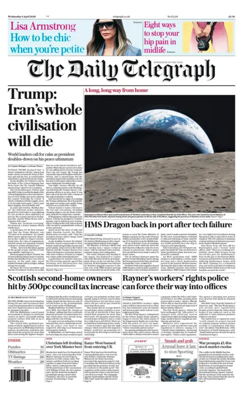 The headline on the front page of the Daily Telegraph reads: “Trump: Iran's whole civilisation will die”.