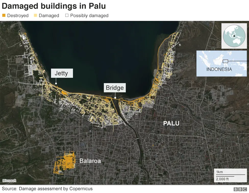 BBC Map of Palu showing buildings damaged/destroyed in the tsunami