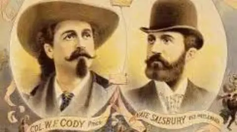 Buffalo Billy Centre of the West A section of a 1895 poster promoting 'Buffalo Bill's Wild West' tour of California. Cody to the left has long hair, a dark handlebar moustache with chin beard and a Stetson hat. Salsbury on the right has a brown beard and is less flamboyantly dressed in a suit and bowler hat.