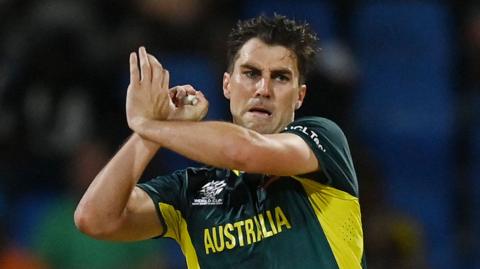 Australia's Pat Cummins bowls during the 2024 T20 World Cup