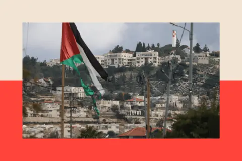  the village of Turmus Ayya near Ramallah city, shows the nearby Israeli Shilo settlement in the background, with a large dusty flag in the foreground