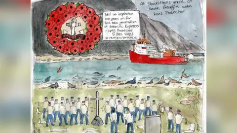 Claudia Myatt Drawing of a memorial service on South Georgia