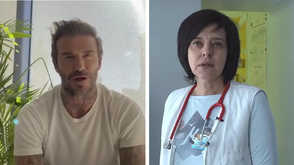 David Beckham On a split screen, David Beckham is pictured left, Dr Iryna is pictured right