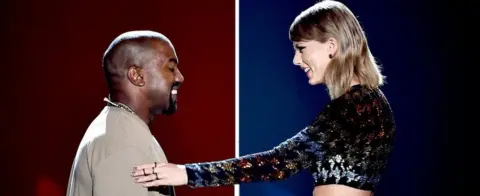 Getty Images Side-by-side collage of Kanye and Taylor together, with the colours of the political parties they support
