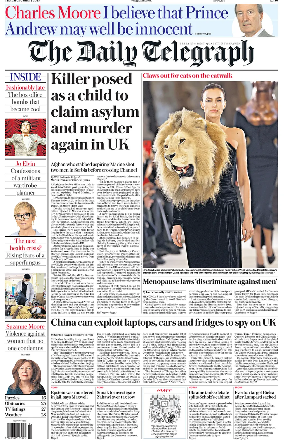 The Daily Telegraph front page. The paper's main image is of model Irina Shayk wearing a large fake lion's head on her black dress during a show at Paris Fashion Week yesterday.