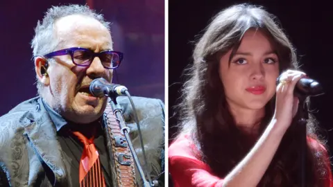 Getty Images Composite image of Elvis Costello and Olivia Rodrigo