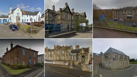 Google (Clockwise from top left) Police stations in Biggar, Giffnock, Hawick, Bo'Ness, Larkhall, Largs