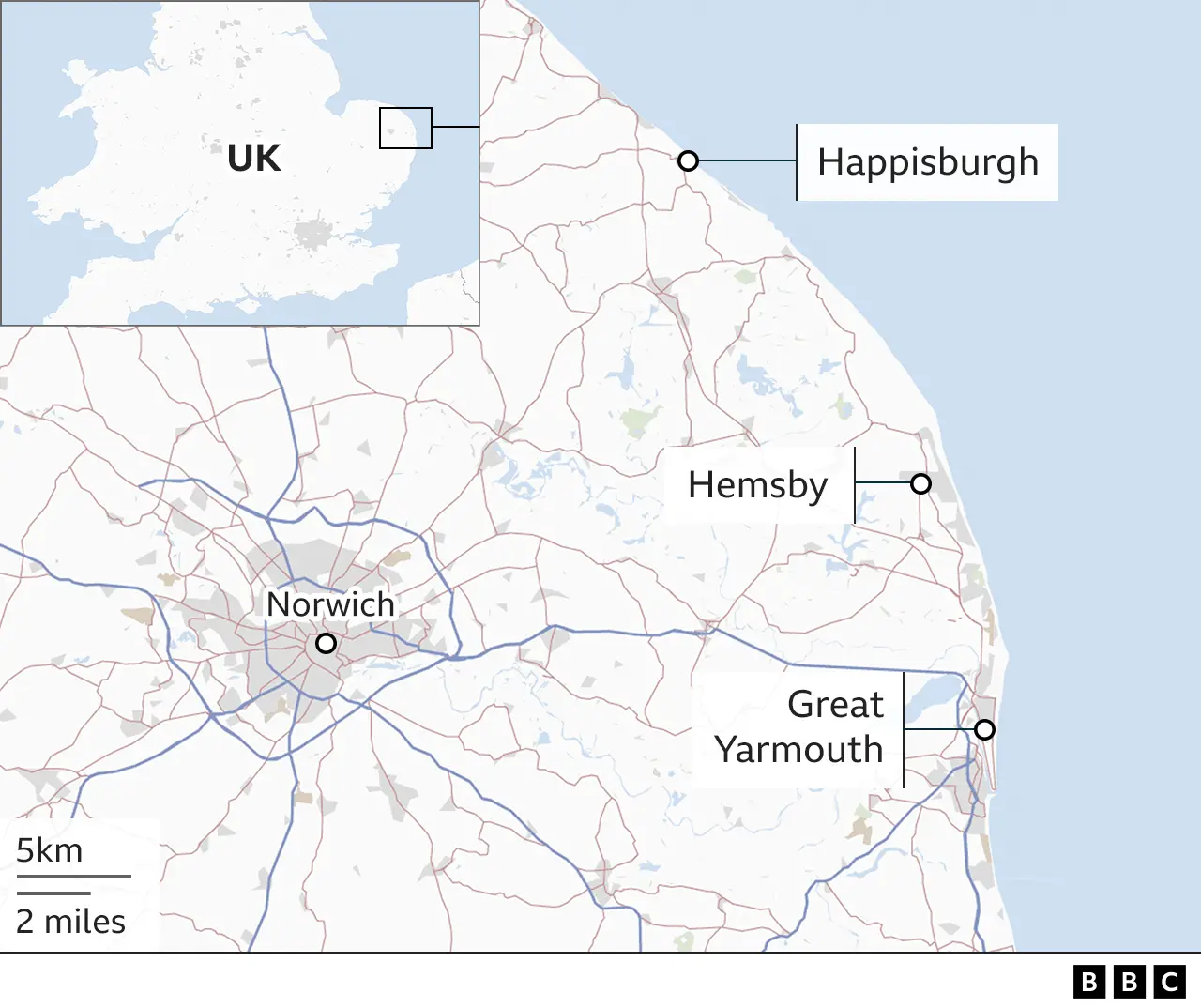 Map showing Happisburgh, Hemsby and Great Yarmouth