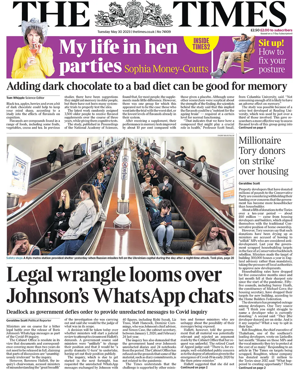 The headline in the Times reads: "Legal wrangle looms over Johnson's WhatsApp chats"
