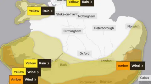 Met Office Weather map showing rain and wind yellow warnings over south and mid Wales on Thursday