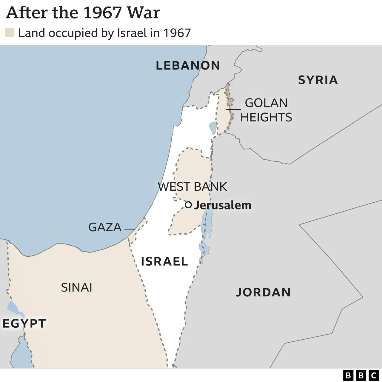 Map showing land occupied by Israel after 1967 war