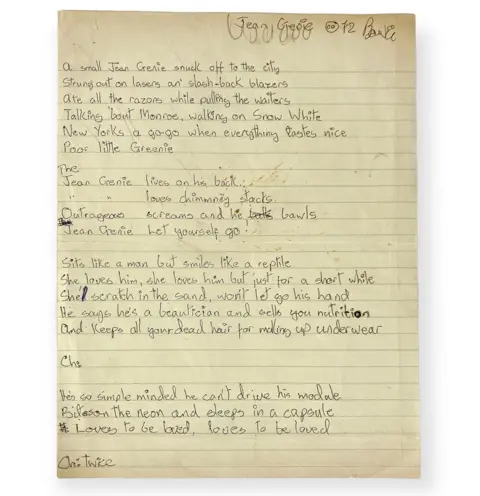 Omega Auctions Handwritten lyrics to Jean Genie by David Bowie