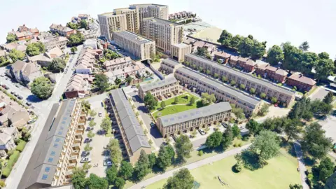 A computer generated image showing what the redeveloped site in Knowle could look like. There are illustrations of tall, tower blocks and town houses. There is a park located at the back of the residential area.
