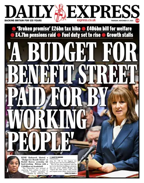 "A budget for benefit street paid for by working people," reads the headline on the front page of the Daily Express.