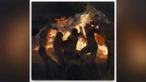 Shaqúelle Whyte A painting showing male figures circling a blazing fire at night.