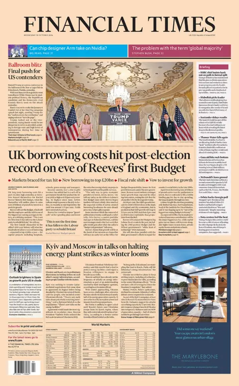 The headline in the Financial Times reads: "UK borrowing costs hit post-election on eve of Reeves' first Budget". 