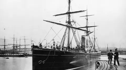 Getty SS Parthia circa 1895, one of the Cunard steamships the SS Parthia at Liverpool Docks 