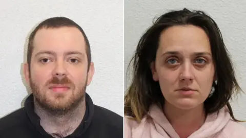 Police custody photos of O'Connor and Coutts. He has a beard and wears a black hooded top. She has long dark hair and wears a pink hooded top.