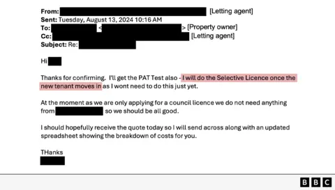 An image of an email titled “Re:”. The header shows sender and recipient details partially redacted, labeled as “Property owner” and “Letting agent.” The email is dated Tuesday, August 13, 2024, at 10:11 AM. Below the subject line, the message reads: [redacted], Apologies for not replying on this. That is fine and sensible on the EICR. Yes please, do go ahead and arrange the PAT test and the Selective Licence. Given the property is on the [redacted], is there any more permission required from [redacted]? Thanks, [redacted].