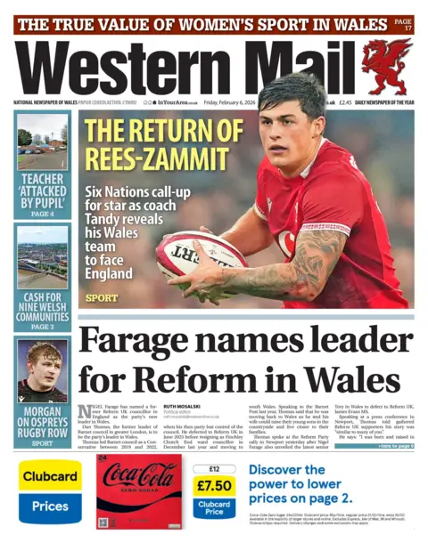Western Mail The front page of the Western mail has a picture of Louis Reece-Zammit in a Wales red rugby jersey with a headline 'The return of Rees-Zammit. Six Nation as call-up for star as coach Tandy reveals his Wales team to face England'. He has short brown hair and is holding a rugby ball. The main story has the headline 'Farage names leader for Reform in Wales'.