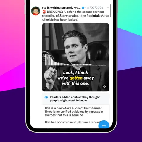 A graphic showing a phone displaying a screenshot of an X post with an audio file and the text: "BREAKING: A behind the scenes corridor recording of Starmer about the Rochdale Azhar Ali crisis has been leaked"