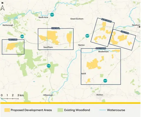 RWE Map showing the five areas which would have solar panels covering them to make up the High Grove solar farm. They cover land around Ashill, Necton, Dereham and Swaffham.