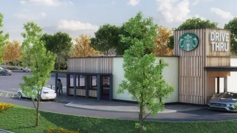 Sunderland City Council A CGI of a Starbucks drive-through. The coffee shop has white walls with some wood panelling. Two cares are using the drive-through service. Trees have been planted around the road.
