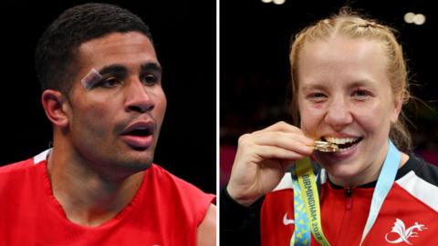 Split image of Delicious Orie in action and Rosie Eccles with her gold medal at the 2022 Commonwealth Games