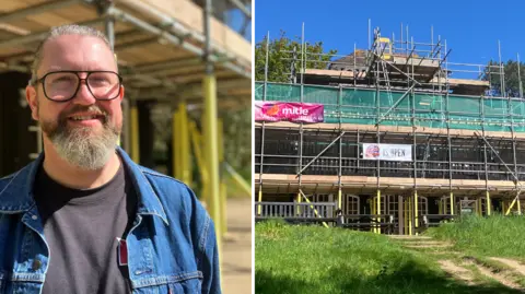 Owen Sennitt/BBC A composite image shows a man to the left wearing a denim jacket and glasses smiling toward the camera in front of a building covered in scaffolding and the right image is of a Victorian pavilion building covered in scaffolding on a sunny day