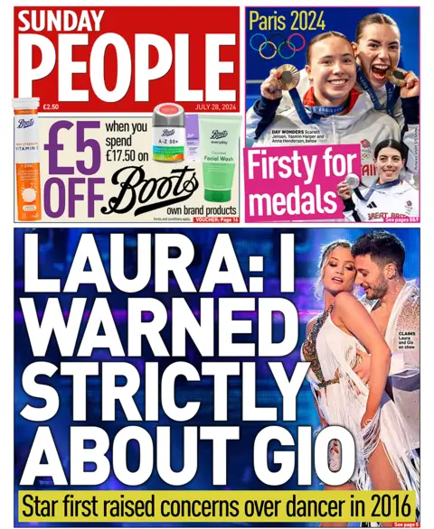 The Sunday People headline reads: "Laura: I warned Strictly about Gio" 