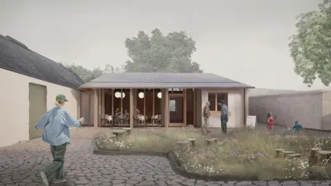 Collective Architecture An artist's impression of a single story building with a shallow pitched roof. There are large windows at the front, through which people can be seen dining. In the foreground is a girl running across a cobbled yard towards a patch of grass and wildflowers. 
