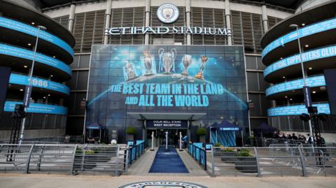 A general view of the main entrance to Manchester City's Etihad Stadium