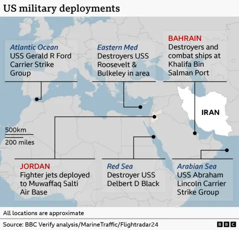 US build-up of warships and fighter jets tracked near Iran