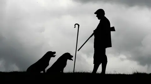 PA Media A black and white image of two Labradors sitting in front of a man wearing a cap, dressed in plus-fours and carrying a gun.