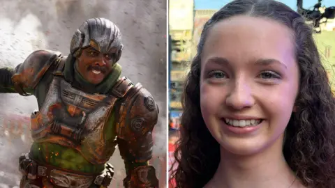 A side by side image of Idris Elba mid-action scene, and a close-up of Delilah smiling